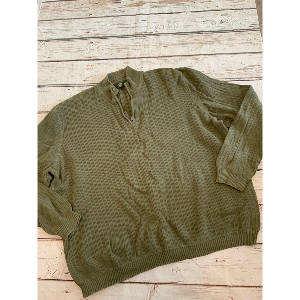 Vintage Eddie Bauer Mens XXL Olive Green 100% Cotton Ribbed 1/4 Zip Sweater